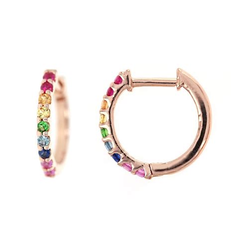 11mm Rainbow Sapphire Huggie Earrings Multi Colored Sapphire Hoop Earrings Colorful Rainbow