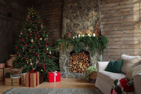 Festive Interior With Christmas Tree And Fireplace Stock Image Image