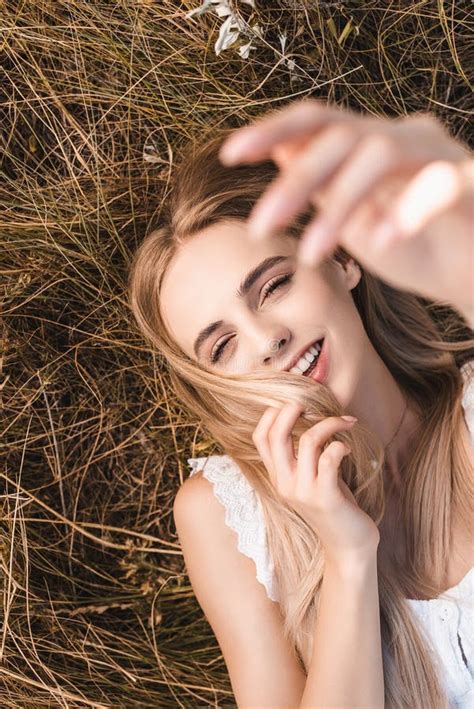Focus Of Excited Blonde Woman Touching Stock Image Image Of Summer Sensual