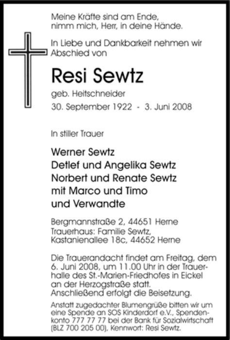 Traueranzeigen Von Resi Sewtz Trauer In NRW De