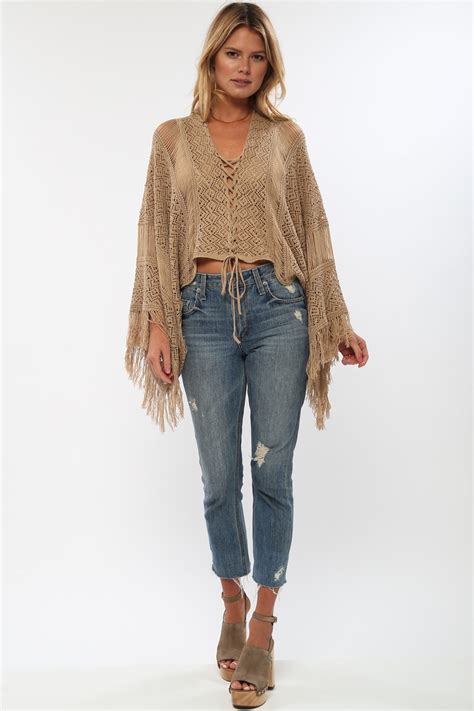 Island Gypsy Sheer Knit Top In Carmel Goddis Knitwear