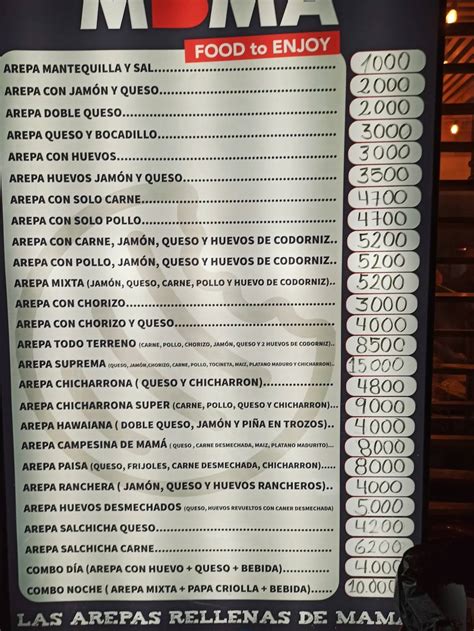 Carta del restaurante Las Arepas Rellenas del Mamá Bogotá