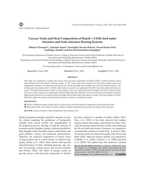 PDF Carcass Traits And Meat Composition Of Hansli CSML Bird Under