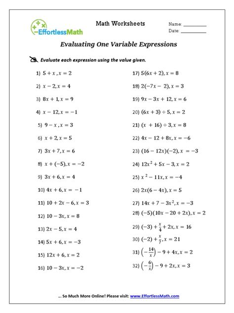 Evaluate Expressions Worksheet