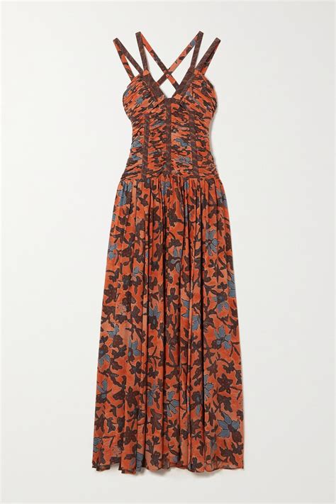 Ulla Johnson Anya Open Back Ruched Floral Print Silk Crepe Maxi Dress