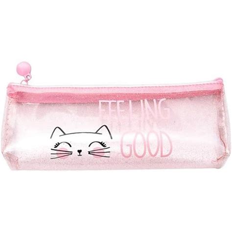 Trousse A Crayons Rose Transparente Grande Trousse Scolaire Fille Chat