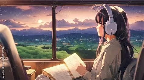 Anime Girl Wearing Headphones Train Passing By Village Cosmic