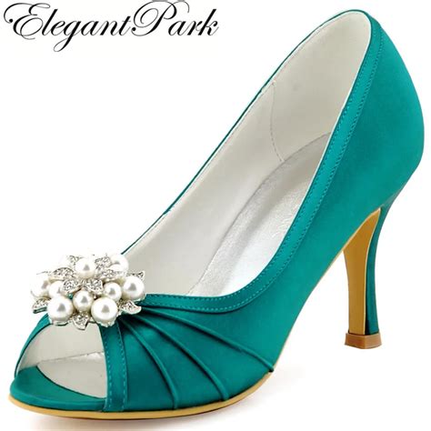 Women Wedding Bridal Shoes Teal Peep Toe High Heel Rhinestones Clips