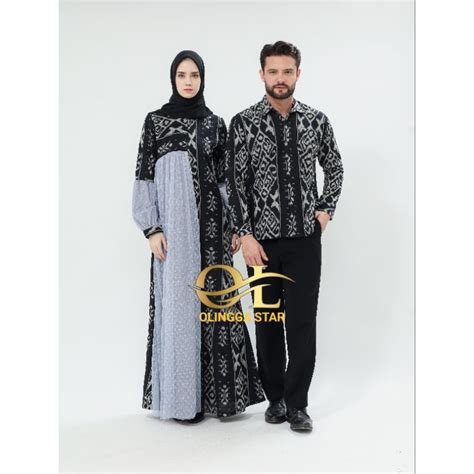 Jual Ready Stock Gamis Raya Abu Silver Dress Tenun Couple Full Tenun