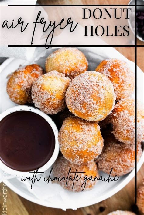 Donut Holes With Chocolate Sauce On A White Plate And Text Overlay That