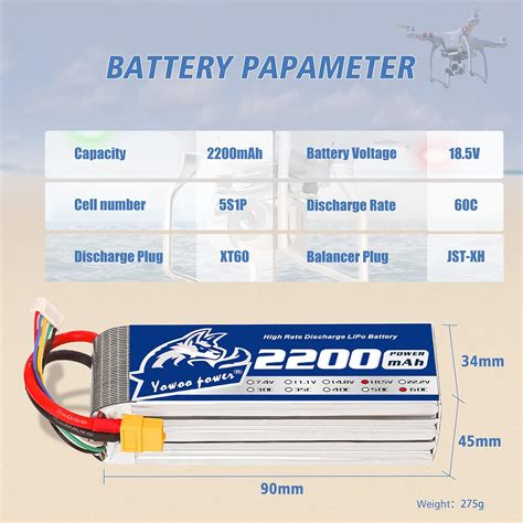 Yowoo 2 Packs 6S 2200mah 50C 22 2V Lipo Battery With XT60 Connector RC