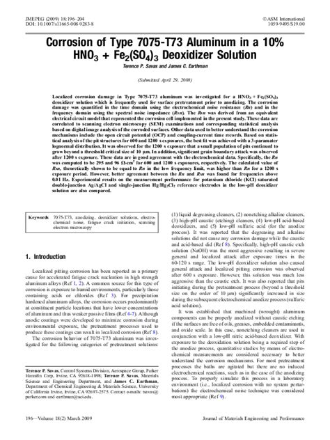 Pdf Corrosion Of Type 7075 T73 Aluminum In A 10 Hno3 Fe2so43