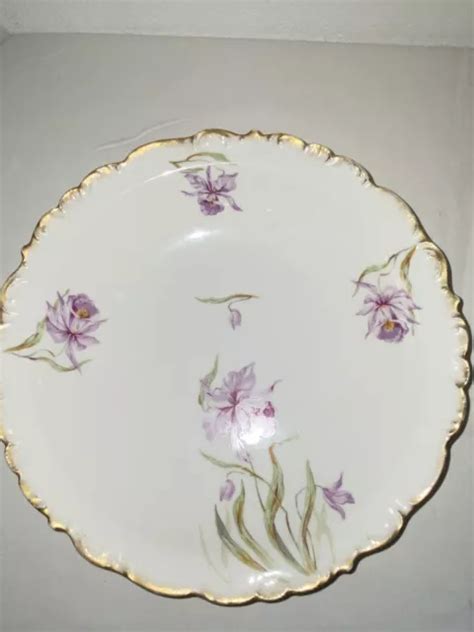 GRAND PLAT ROND Et Creux Aux Iris En Porcelaine De Limoges Art Nouveau