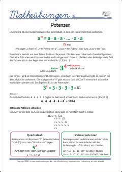 Potenzen und Potenzrechnung Mathematik Übungen Matheaufgaben