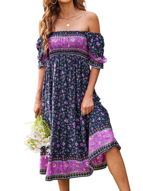 Bagilaanoe Women Summer Bohemian Dress Short Sleeve Pleated Chest Floral Pattern Boho Maxi Dress