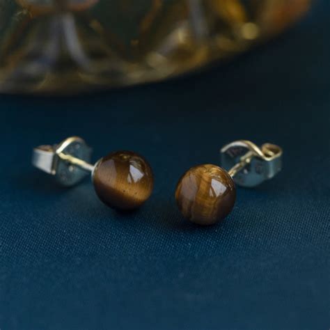 Gold Ear Studs With Tiger S Eye 14 Krt Vintage Jewellery