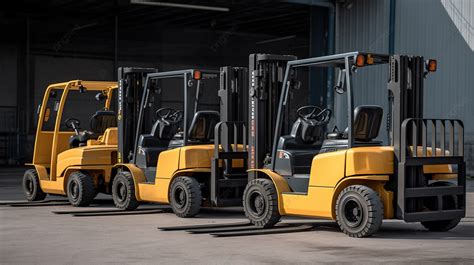 Three Yellow Forklift Trucks Parked In Row Background 7 Different Types Of Forklifts With