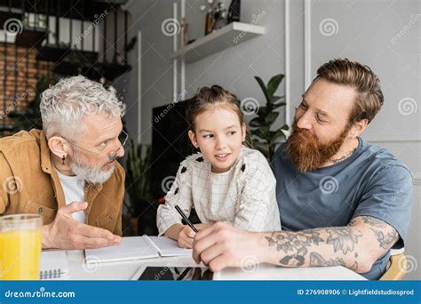 Gay Fathers Talking To Smiling Preteen Stock Photo Image Of Homosexual People