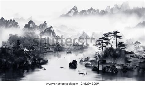 Chinese Ink Landscape Painting Art Stock Illustration 2482943209 ...