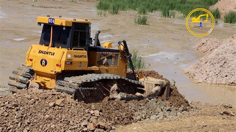 Hyundai W Dump Truck Dumping Dirt Shantui Bulldozer Pushing Dirt On