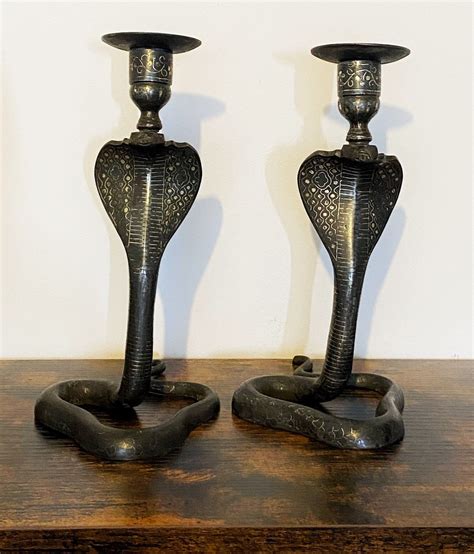 Pair Of Antique Bronze Cobra Candlestick Holders Anglo Indian