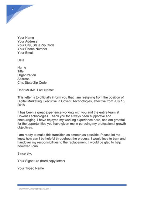 Resignation Letter Sample Simple Printable Of Form Template