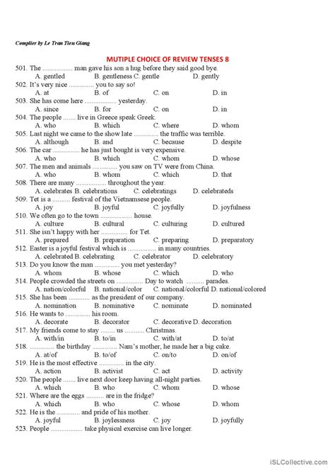 Multiple Choice Of Review Of Tenses English Esl Worksheets Pdf And Doc