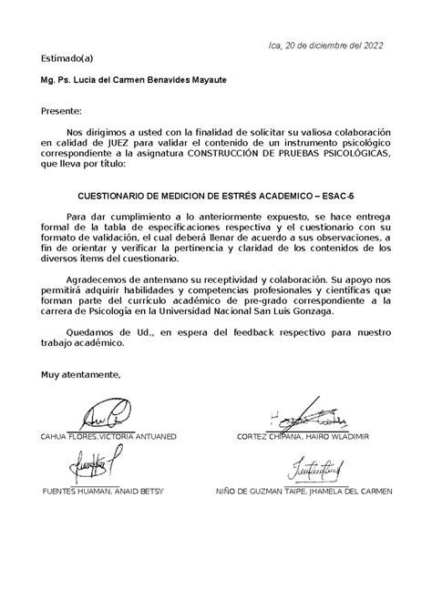 Carta De Presentacion Ica De Diciembre Del Estimado A Mg