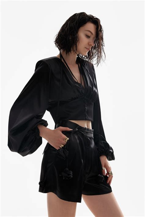 Ample Sleeve Satin Top In Black Lita Couture