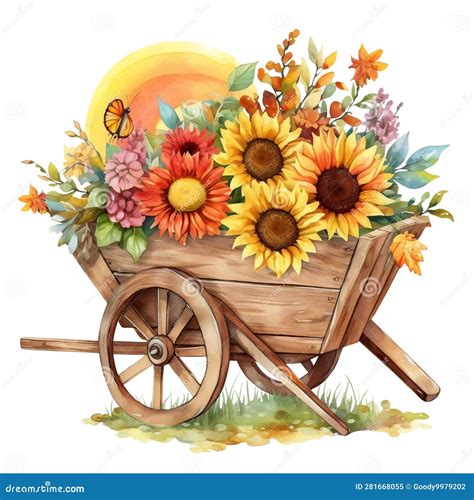 Brouette En Bois Avec Chevalet De Tournesol Image Stock Illustration