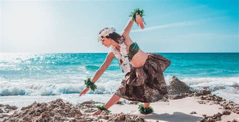 Hula Dancer On The Beach Woman In Bikini Dancing Hawaiian Typical Of