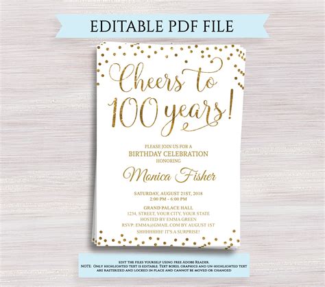 Editable 100th Birthday Party Invitation template Cheers to | Etsy