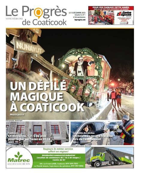 La Une du Progrès de Coaticook du 13 décembre 2023 Le Progrès de