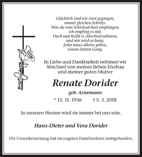 Traueranzeigen Von Renate Dorider Sich Erinnern De