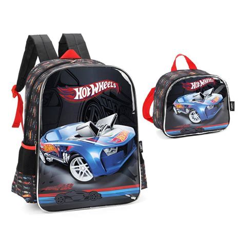 Kit Mochila De Costas Hot Wheels Lancheira Preto Papelaria Pigmeu