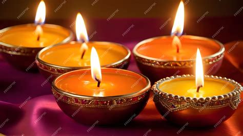 Premium AI Image | Diwali oil lamps lit on colorful rangoli Indian ...