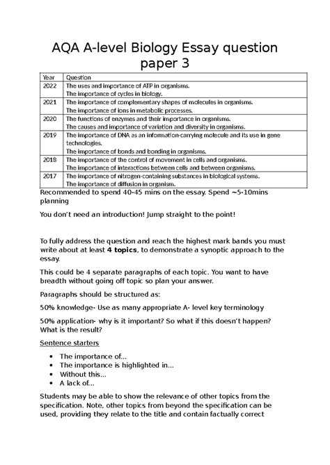 O Level Biology Essay Questions