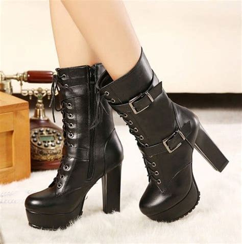 Korean Punk Style Belt Buckle Bandage Chunky Heel Platform Boots