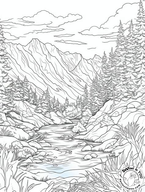 Free Printable Adult Coloring Pages With Mountains And A River