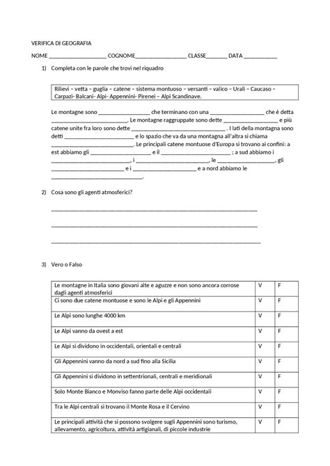 Verifiche Di Geografia Semplificate Classe Prima Superiore Turistico