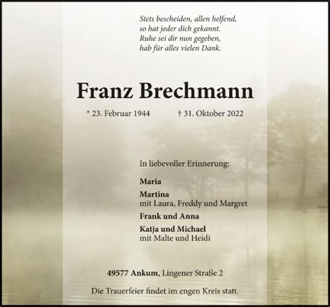 Traueranzeigen Von Franz Brechmann Noz Trauerportal