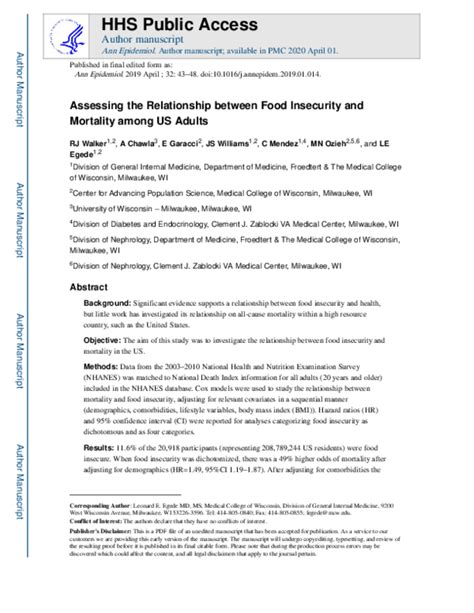 Pdf Assessing The Relationship Between Food Insecurity And Mortality