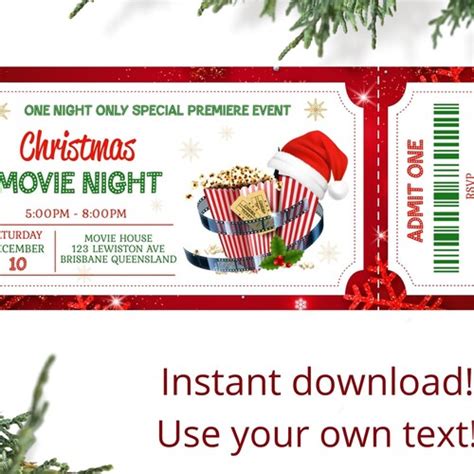 Christmas Movie Night Invitation Printable Ticket Editable Etsy