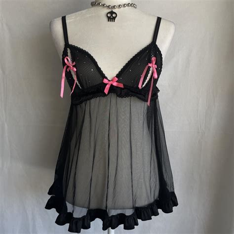 Black Lingerie Top With Pink Bows And Rhinestones Depop