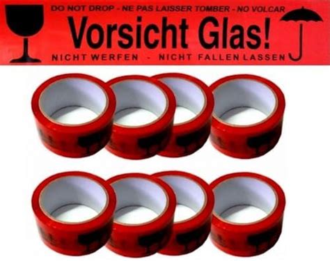 6 Rollen Klebeband Vorsicht Glas Paketband Rot Warnhinweis Signalband