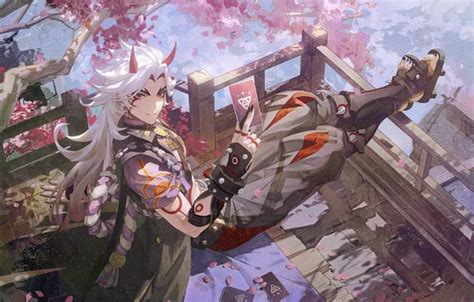 Wallpaper Card Trees Japan Sakura CCI Genshin Impact Arataki Itto