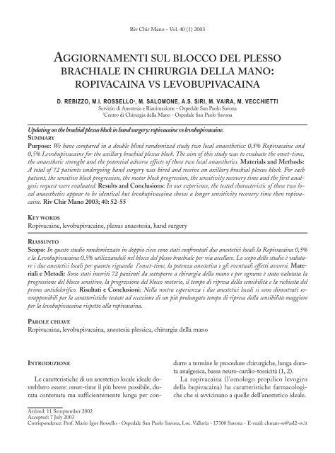 Aggiornamenti Sul Blocco Del Plesso Brachiale In Chirurgia Della Mano