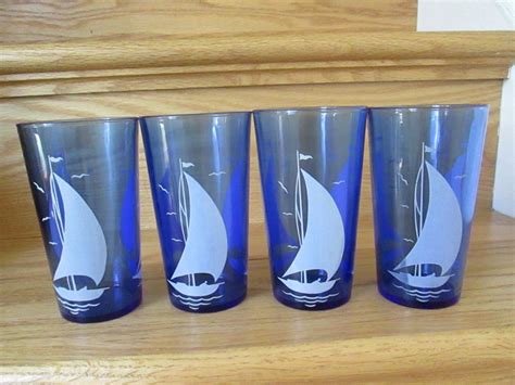 4 VINTAGE COBALT GLASS HAZEL ATLAS SAILBOAT ICE TEA TUMBLERS SPORTSMAN