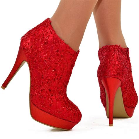 Womens Size Uk 6 Red Sequin Sparkly Platform High Heel Ankle Boots Shoe