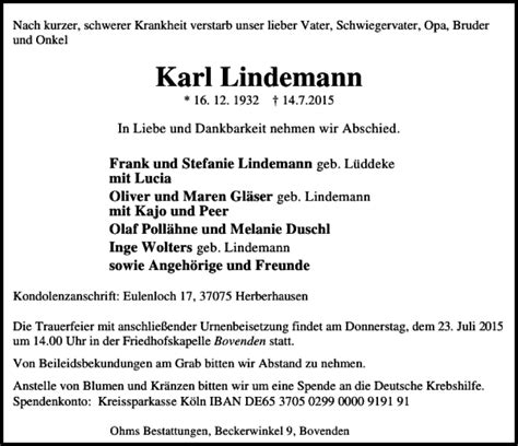 Traueranzeigen Von Karl Lindemann Trauer Anzeigen De